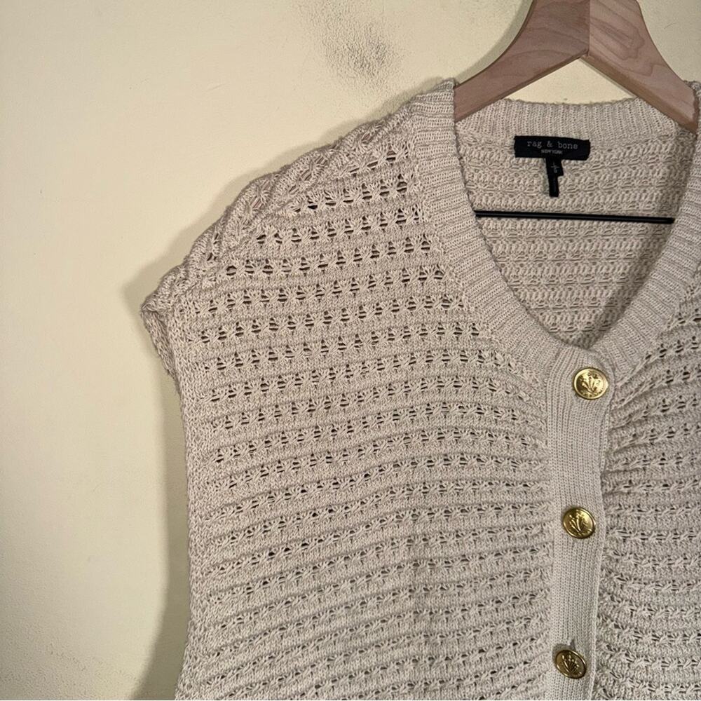 RAG & BONE cream old money coastal grandma large knit sleeveless cardigan vest L - Picture 3 of 5